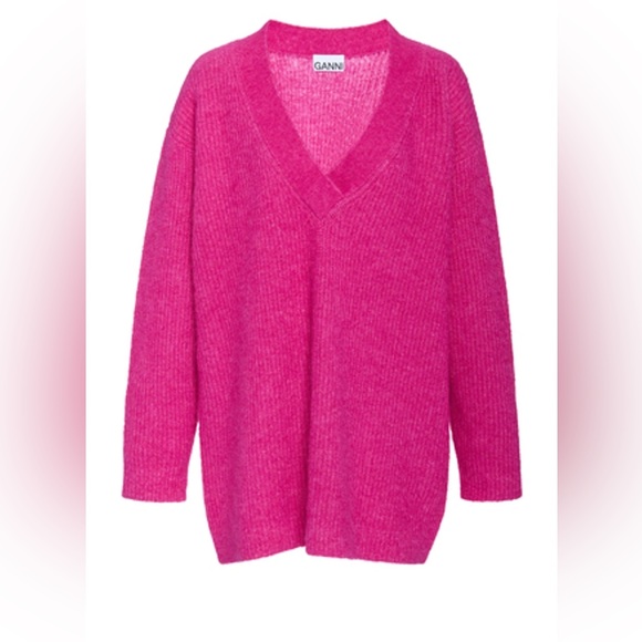 GANNI oversized hot pink v-neck tunic sweater size small - Picture 1 of 15